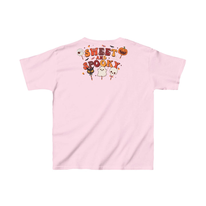 Sea Dragon Dreams light pink kids t-shirt with Sweet and Spooky Halloween graphic featuring a ghost, cat, and pumpkin.