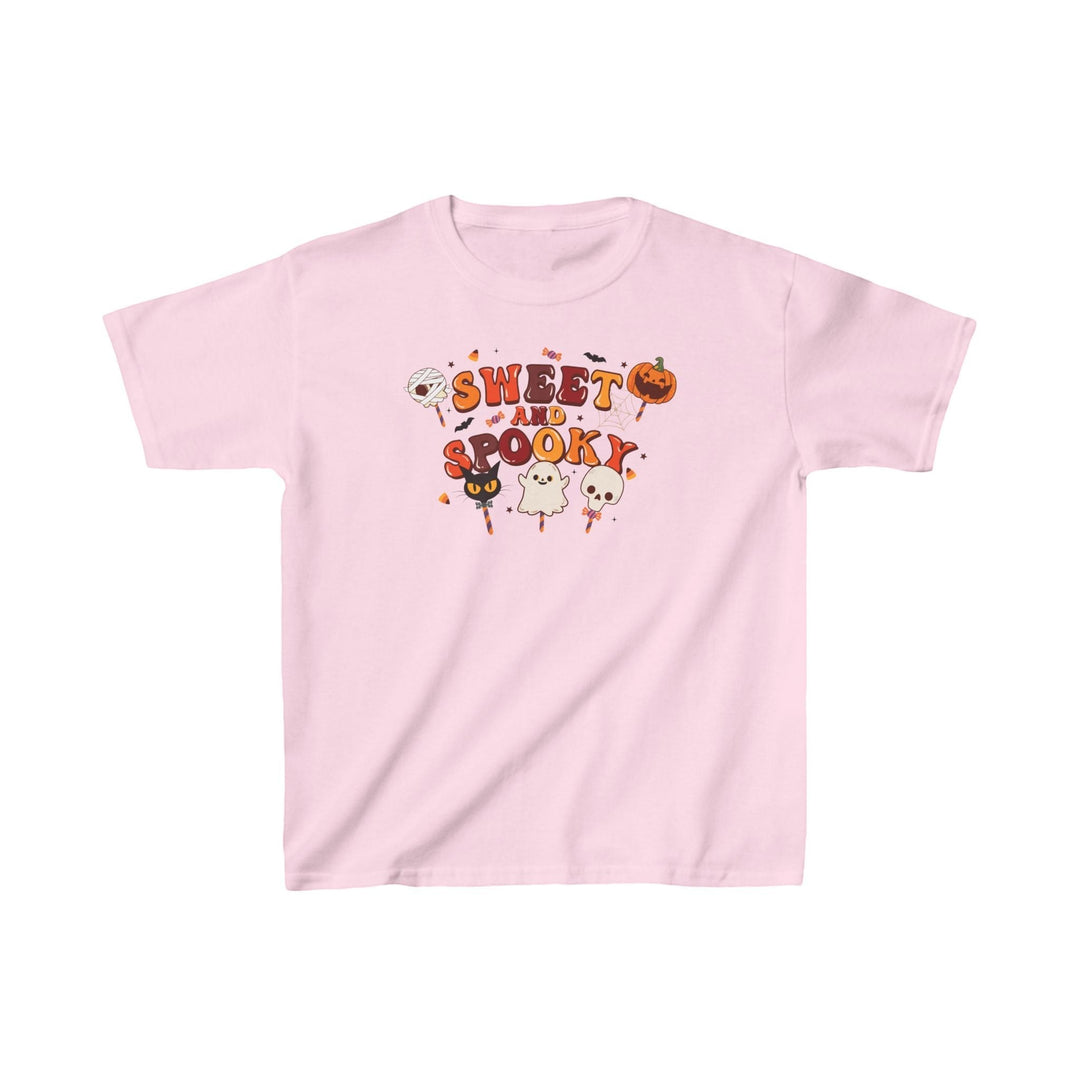 Sea Dragon Dreams light pink kids cotton t-shirt with Sweet and Spooky Halloween graphic print