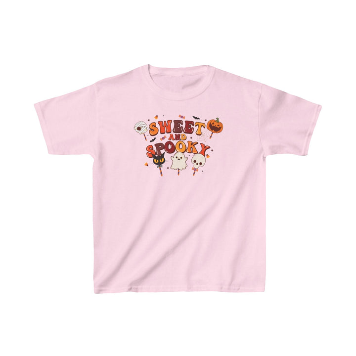Sea Dragon Dreams light pink kids cotton t-shirt with Sweet and Spooky Halloween graphic print