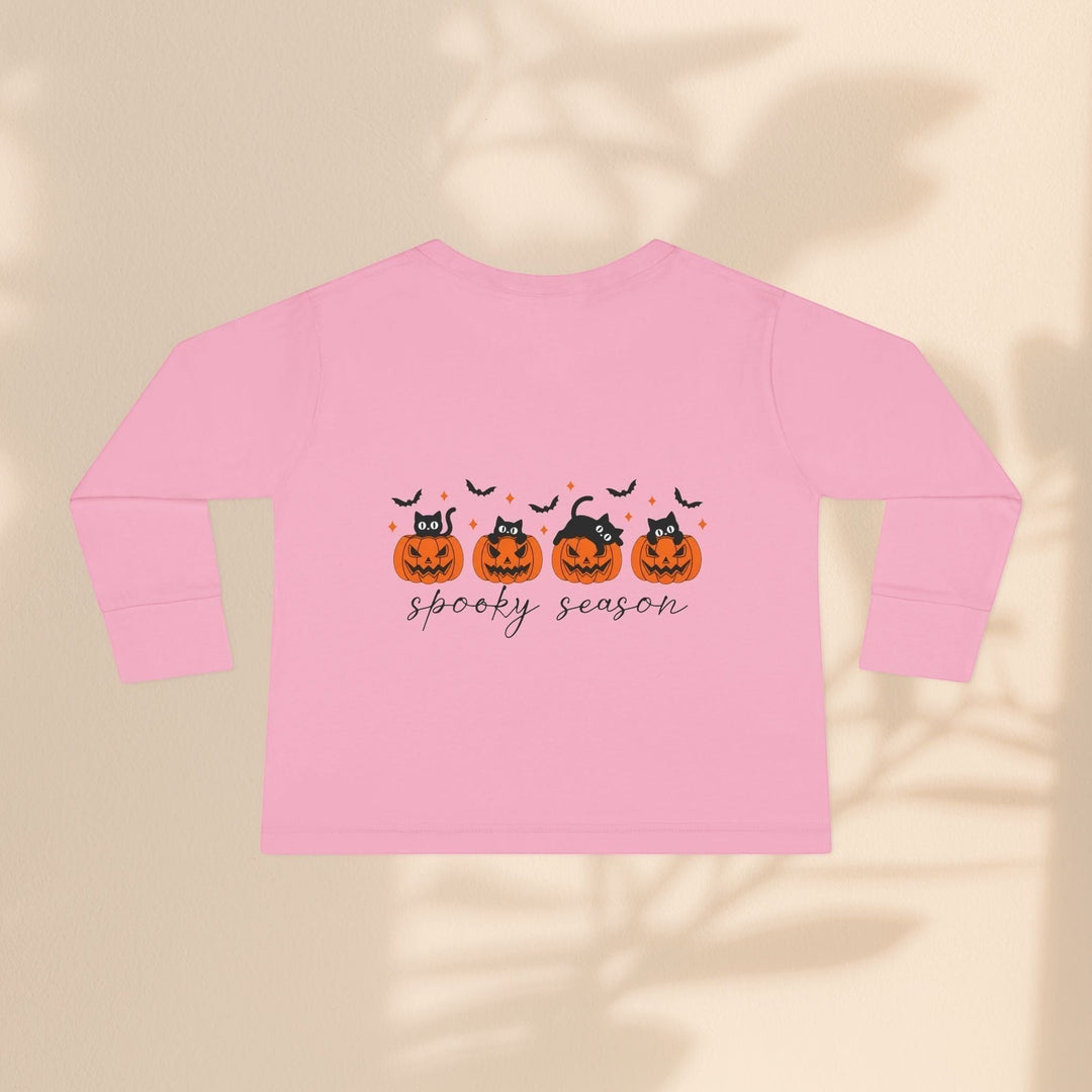 Sea Dragon Dreams toddler long sleeve pink tee with black cat and pumpkin spooky season Halloween graphic print