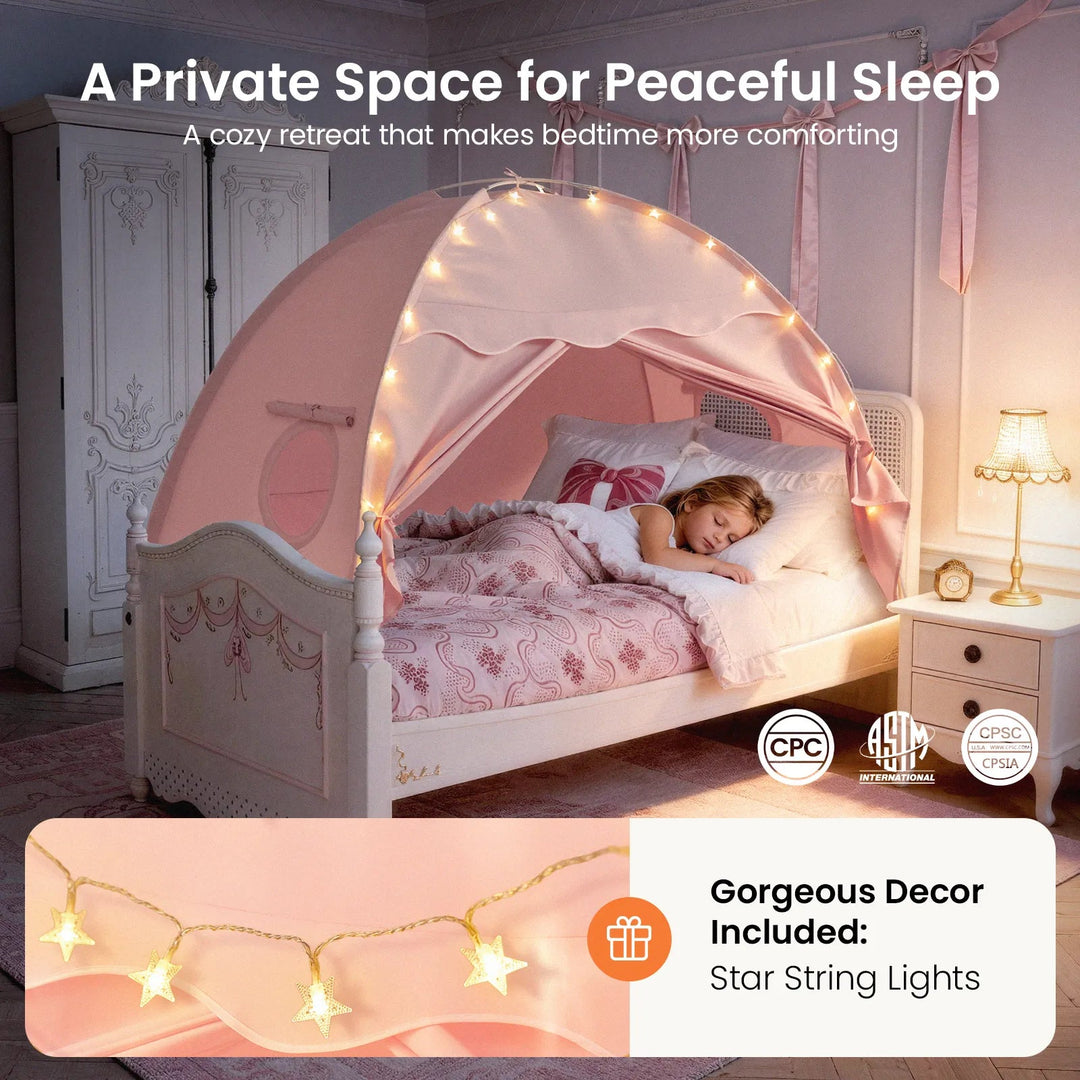 Sea Dragon Dreams blossom pink kids bed tent with star string lights creating a cozy sleeping canopy for a child