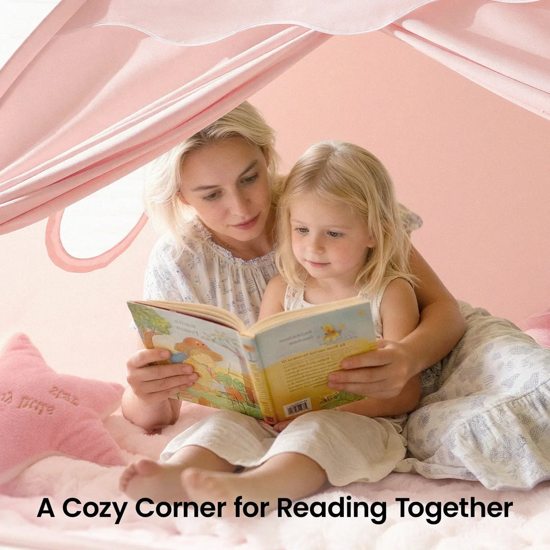 Sea Dragon Dreams pink kids play tent canopy over a bed with a mother and daughter reading a book together