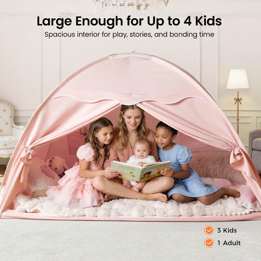 Sea Dragon Dreams pink kids play tent with an adult and three children reading inside on a soft floor mat