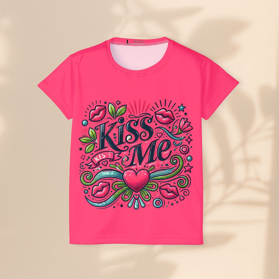 Sea Dragon Dreams pink sports jersey featuring a playful Kiss Me graphic with lips and heart motifs.