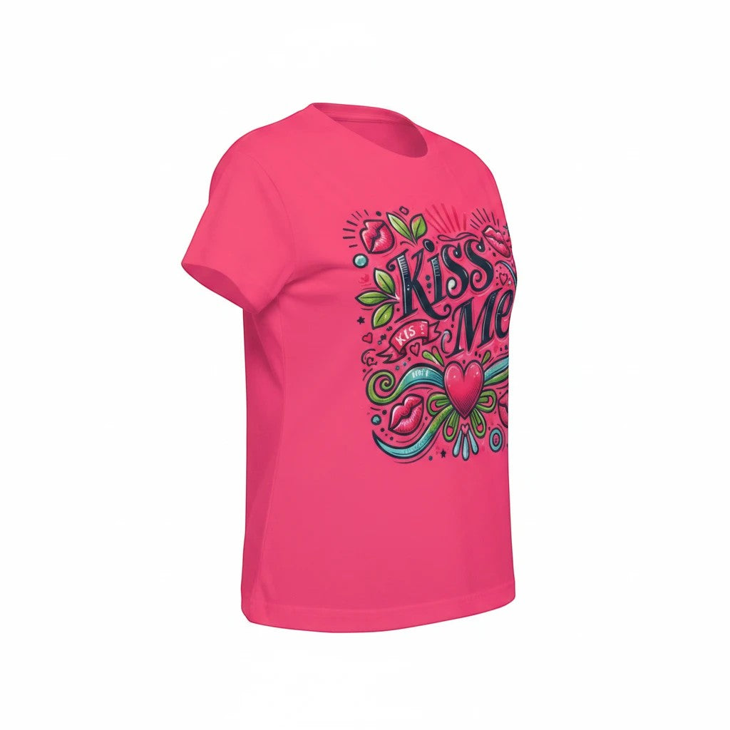 Sea Dragon Dreams women's pink sports jersey featuring a playful Kiss Me graphic with hearts and lips design.
