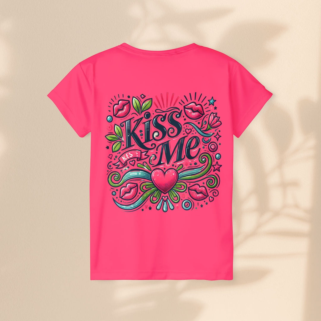 Sea Dragon Dreams bright pink women's sports jersey featuring a playful Kiss Me graphic with hearts and lips design.