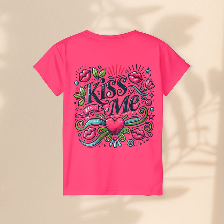 Sea Dragon Dreams bright pink women's sports jersey featuring a playful Kiss Me graphic with hearts and lips design.