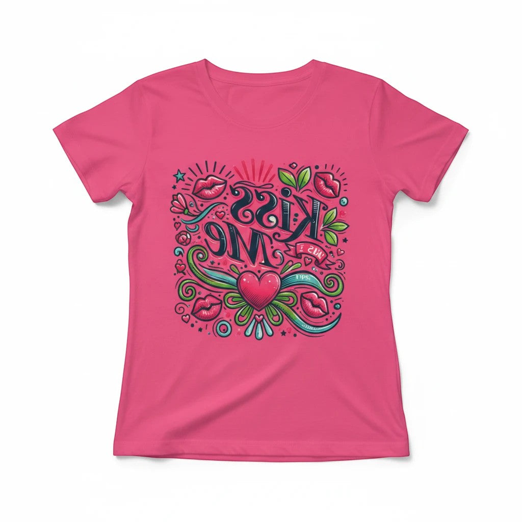 Sea Dragon Dreams pink women's sports jersey with a playful Kiss Me graphic featuring hearts and lips design.