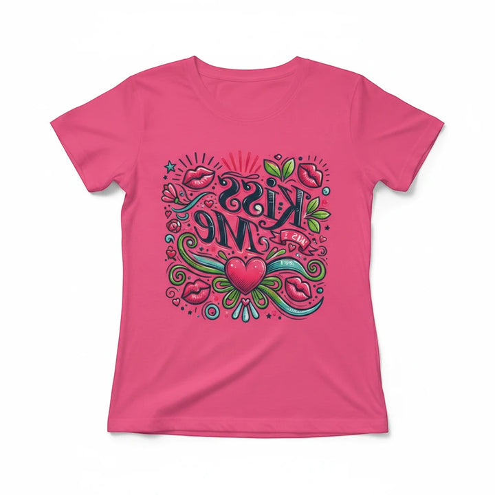 Sea Dragon Dreams pink women's sports jersey with a playful Kiss Me graphic featuring hearts and lips design.