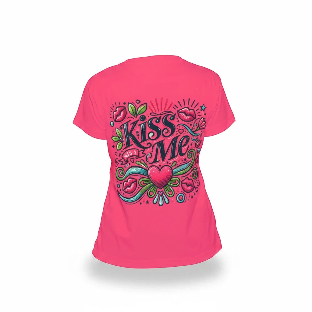 Sea Dragon Dreams women's pink sports jersey featuring a playful Kiss Me heart and lips graphic on the back