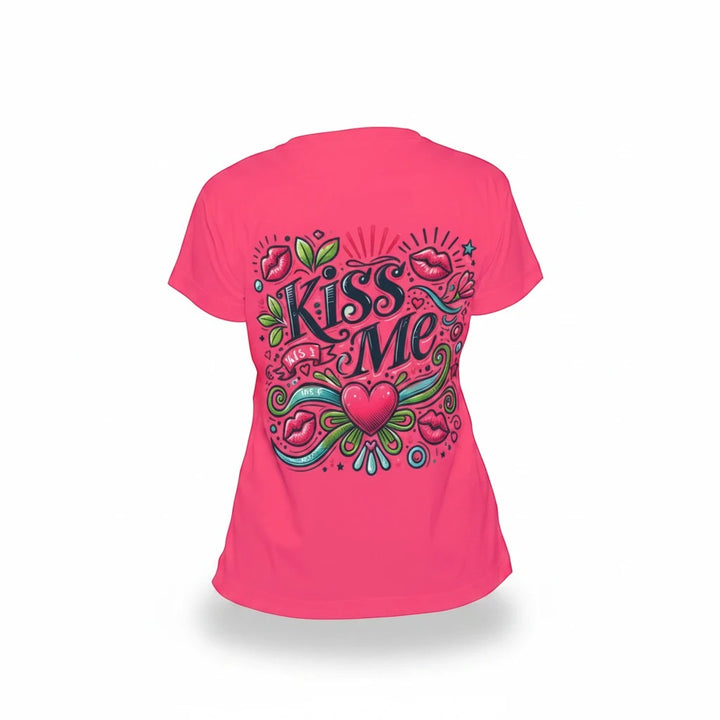Sea Dragon Dreams women's pink sports jersey featuring a playful Kiss Me heart and lips graphic on the back