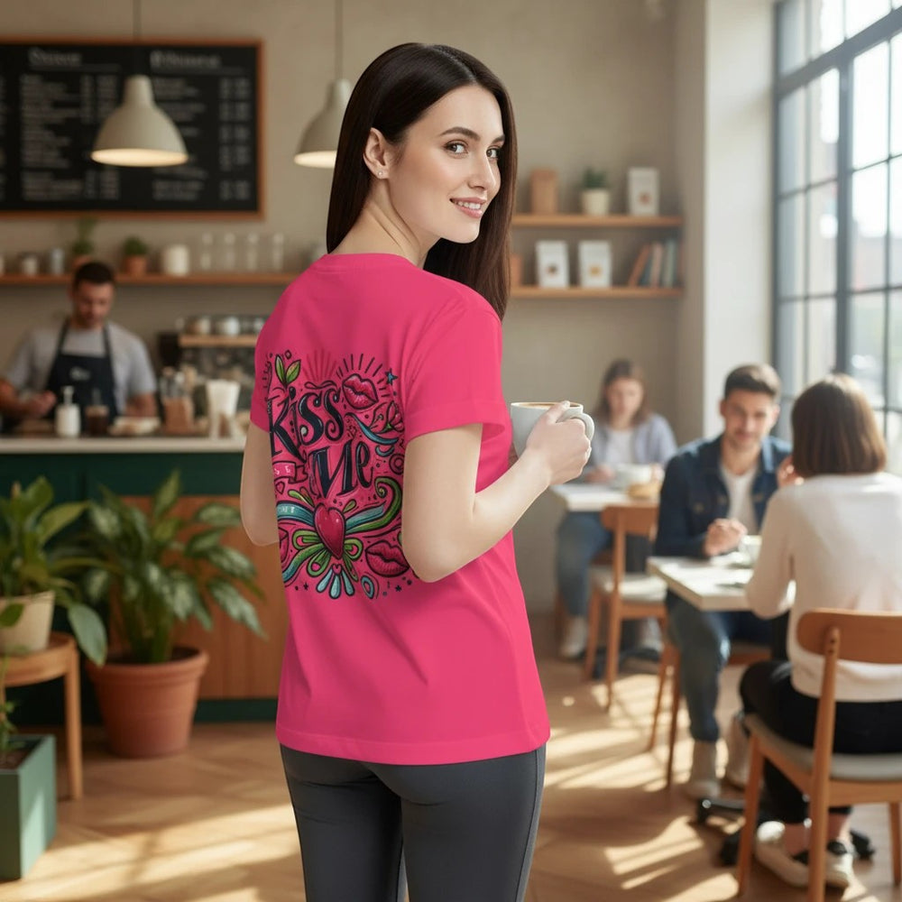 Sea Dragon Dreams women's pink sports jersey with Kiss Me graphic on back, worn by a woman in a cafe.