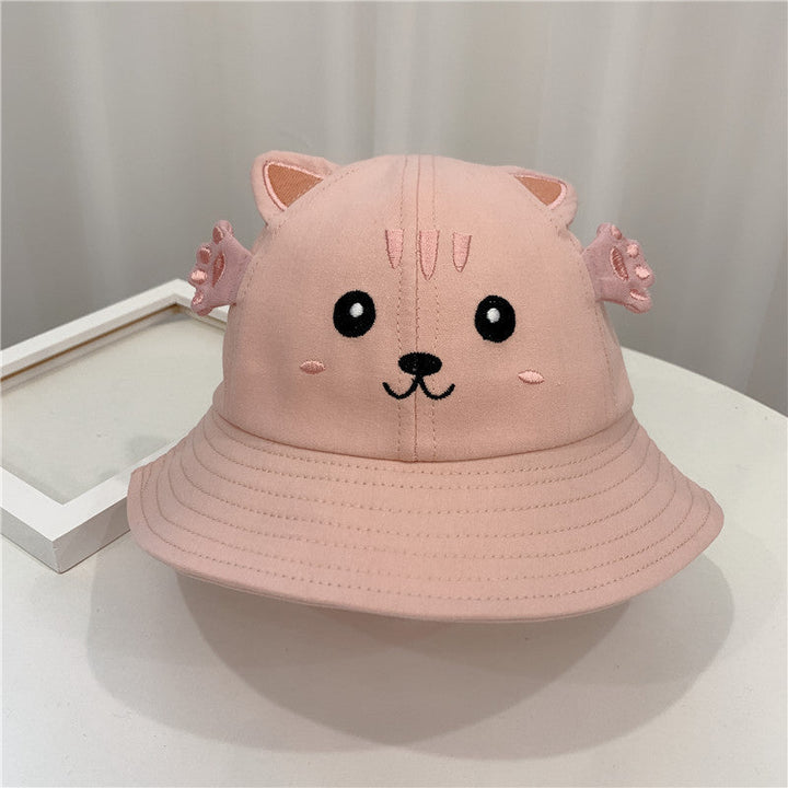 Sea Dragon Dreams pink baby bucket hat featuring a cute kitten face design with embroidered ears and whiskers