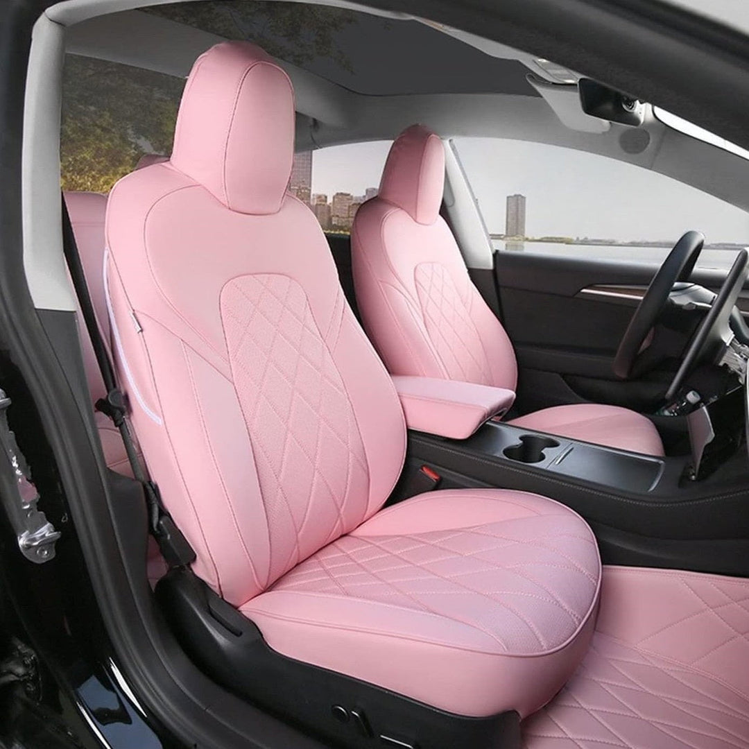 Sea Dragon Dreams pink leather seat covers with diamond-stitched pattern installed in a Tesla Model 3 or Model Y.