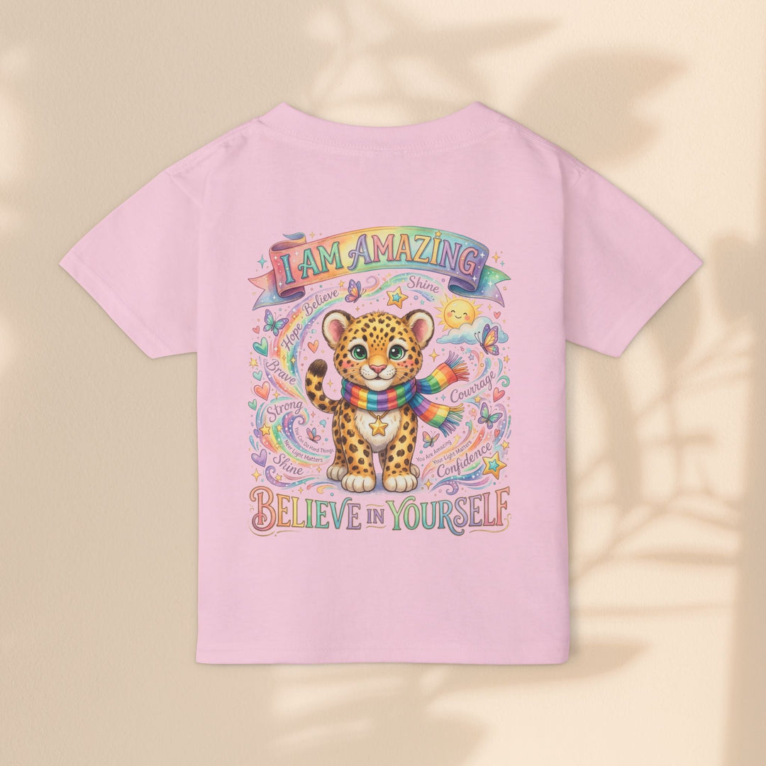 Sea Dragon Dreams pink cotton toddler t-shirt featuring a cute leopard, rainbow scarf, and uplifting affirmations.