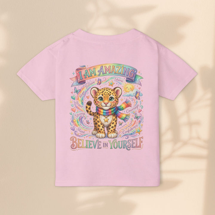 Sea Dragon Dreams pink cotton toddler t-shirt featuring a cute leopard, rainbow scarf, and uplifting affirmations.