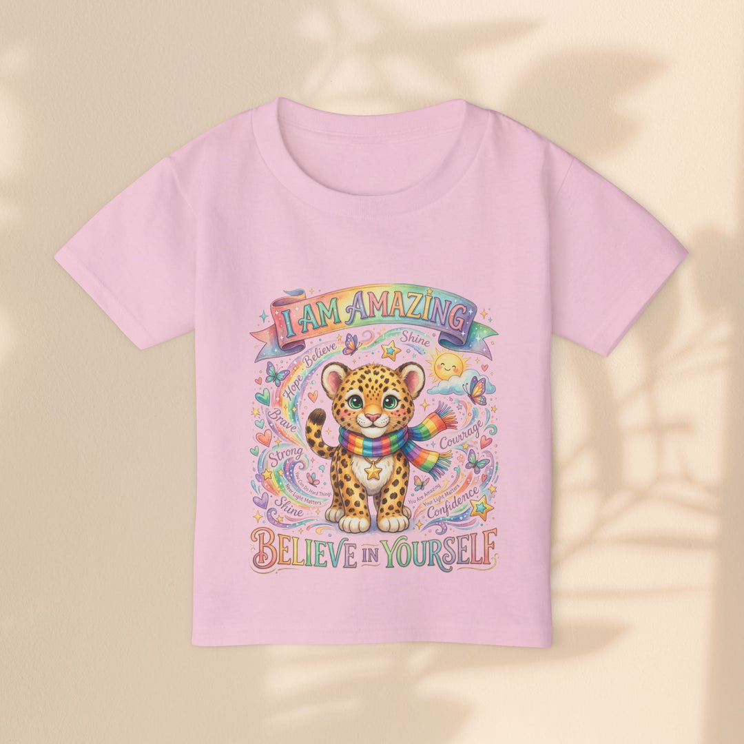 Sea Dragon Dreams pink toddler t-shirt featuring a cute leopard, rainbow scarf, and empowering affirmations.