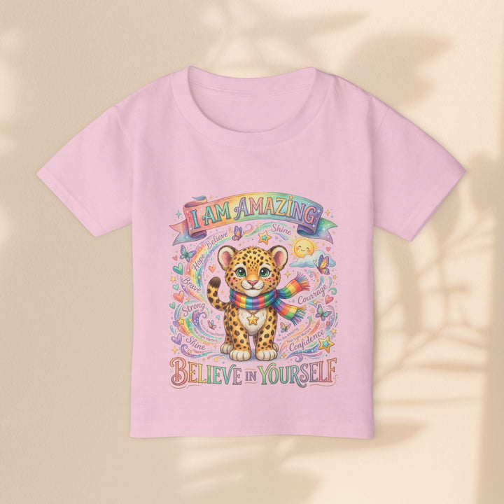 Sea Dragon Dreams pink toddler t-shirt featuring a cute leopard, rainbow scarf, and empowering affirmations.