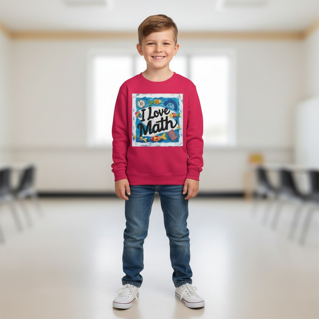 Sea Dragon Dreams kids sweatshirt in bright pink with an I Love Math graphic, worn by a smiling boy in a classroom.
