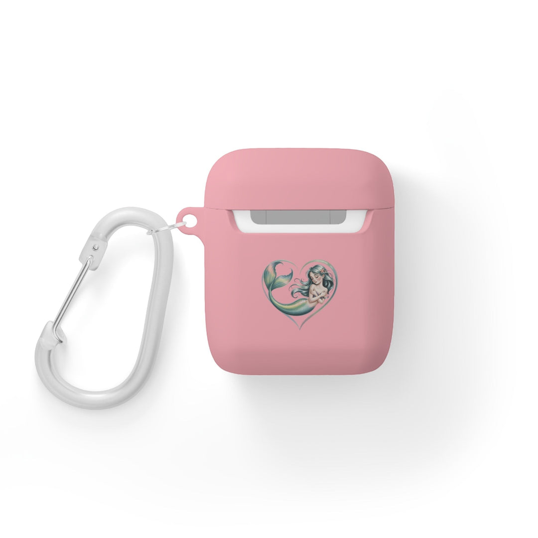 Sea Dragon Dreams pink TPU protective AirPods case featuring a mermaid heart illustration and white carabiner.