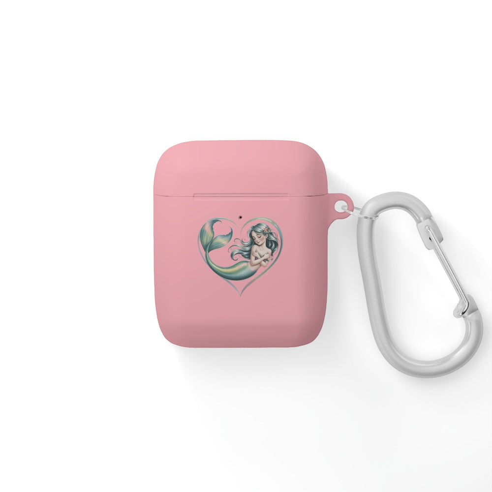 Sea Dragon Dreams pink protective TPU AirPods case featuring a mermaid heart illustration and a silver metal carabiner.