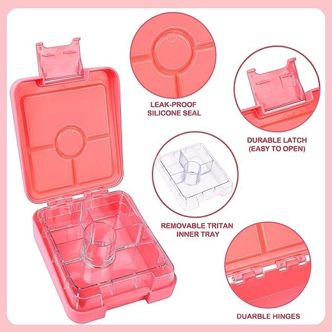 Sea Dragon Dreams pink mermaid bento lunch box with removable 4-compartment tray, leak-proof seal, and durable latch.