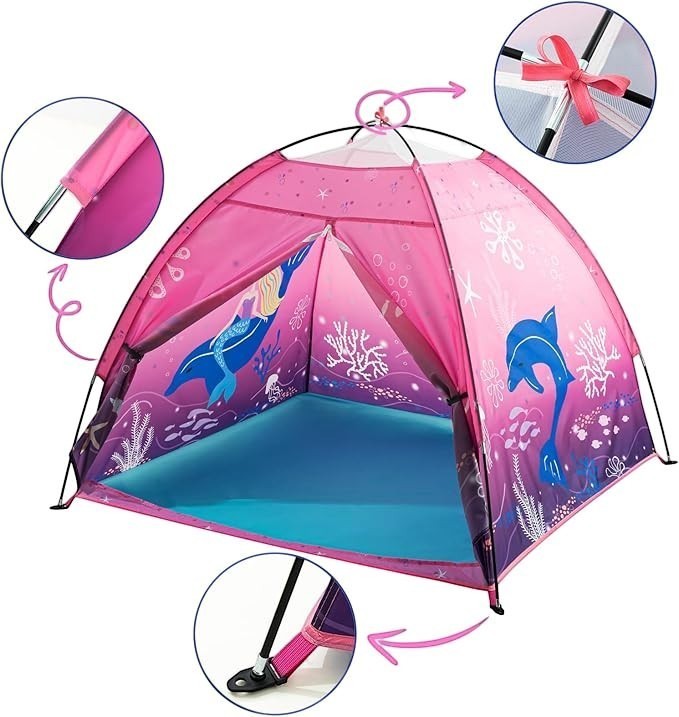 Sea Dragon Dreams pink mermaid pop-up play tent for kids with underwater graphics, mesh roof, and easy-setup poles.
