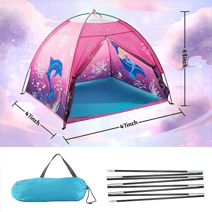 Sea Dragon Dreams pink mermaid pop-up play tent with mesh ventilation, shown with storage bag and support poles.
