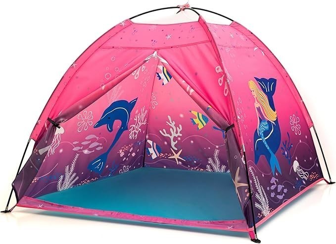 Sea Dragon Dreams pink mermaid pop-up play tent for kids with underwater graphics, mesh top, and foldable design.