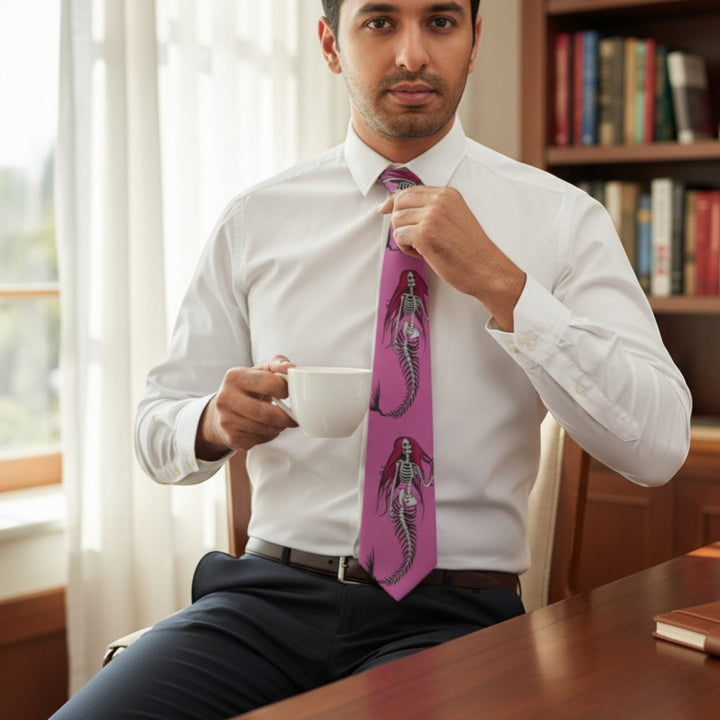 Sea Dragon Dreams pink mermaid skeleton necktie worn by a man in a white shirt and dark trousers in an office