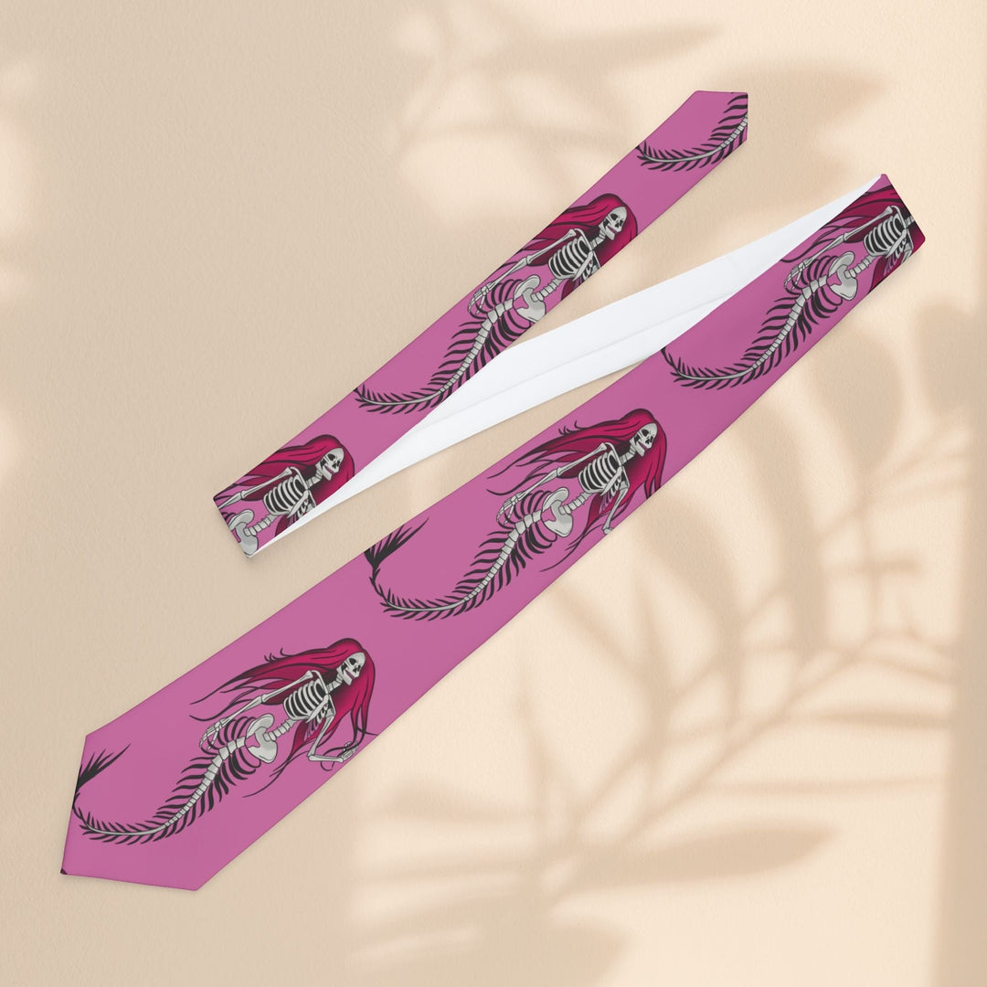 Sea Dragon Dreams pink polyester necktie featuring a repeating gothic mermaid skeleton print with a silky finish.