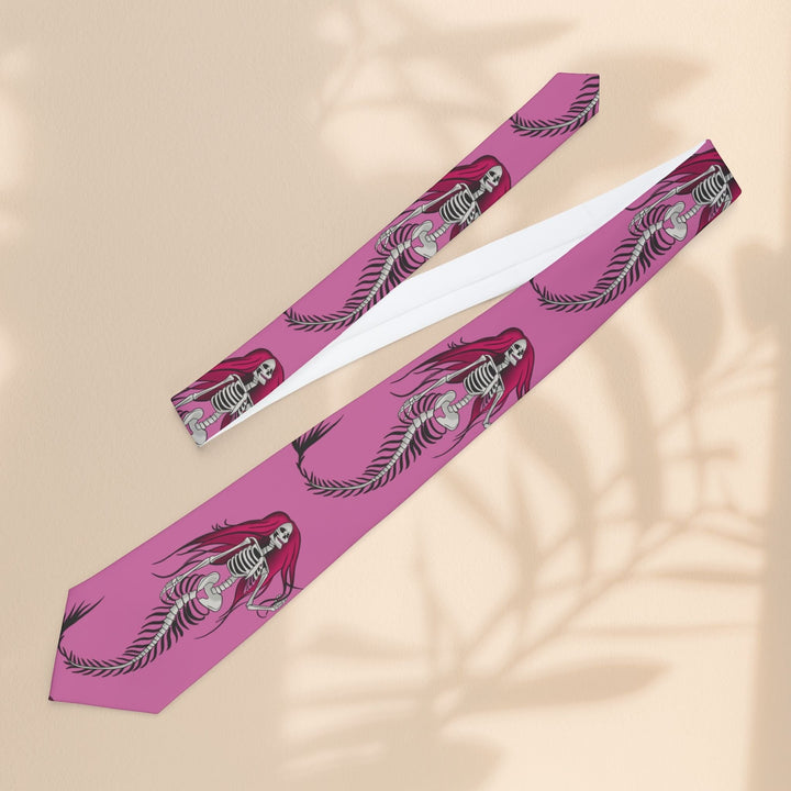 Sea Dragon Dreams pink polyester necktie featuring a repeating gothic mermaid skeleton print with a silky finish.