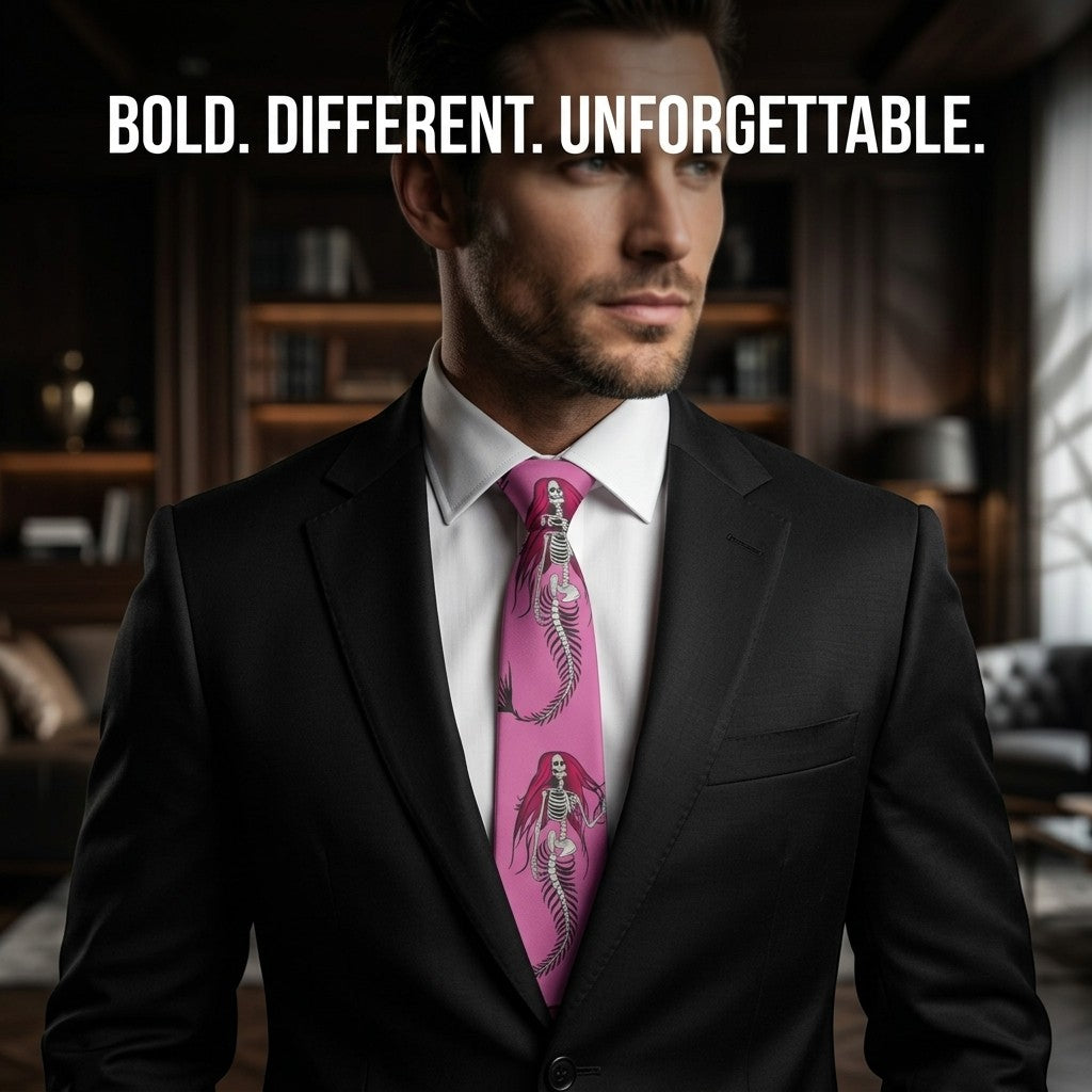 Sea Dragon Dreams pink necktie featuring a mermaid skeleton print worn by a man in a black suit and white shirt