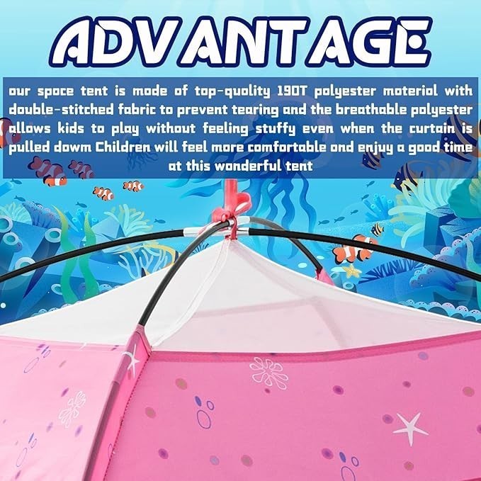 Sea Dragon Dreams pink mermaid play tent featuring durable polyester fabric and breathable mesh top for kids