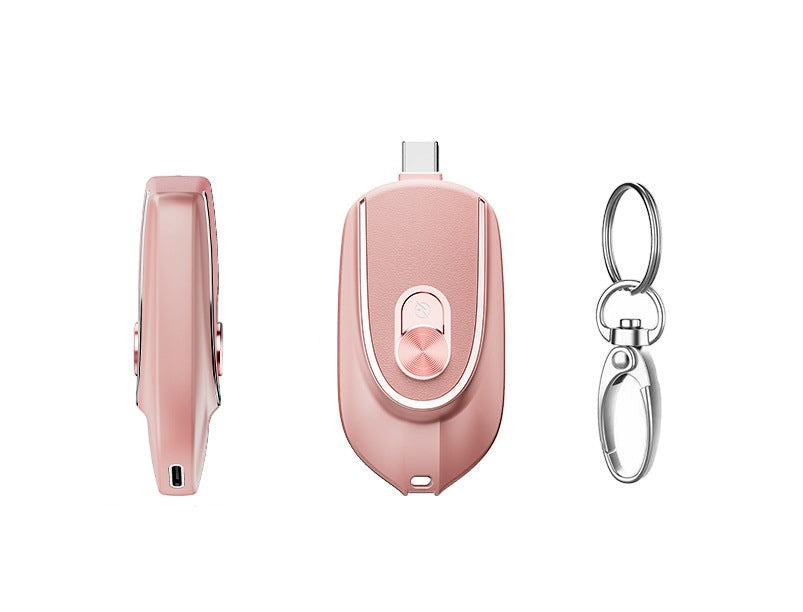 Sea Dragon Dreams pink 1200mAh mini keychain power bank with retractable USB-C and Lightning connectors and carabiner.