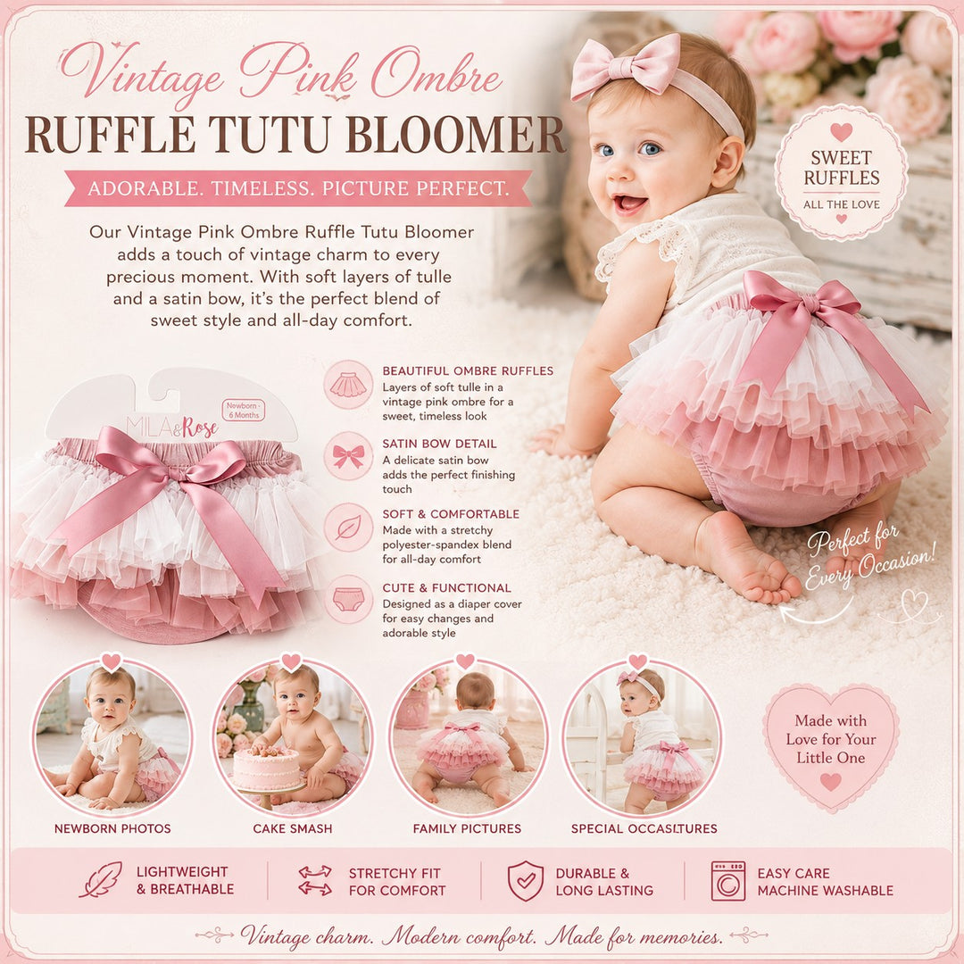 Sea Dragon Dreams vintage pink ombre ruffle tutu bloomer with satin bow, worn by a baby for milestone photography.