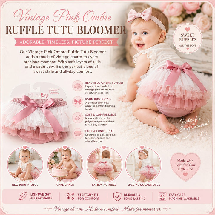 Sea Dragon Dreams vintage pink ombre ruffle tutu bloomer with satin bow, worn by a baby for milestone photography.