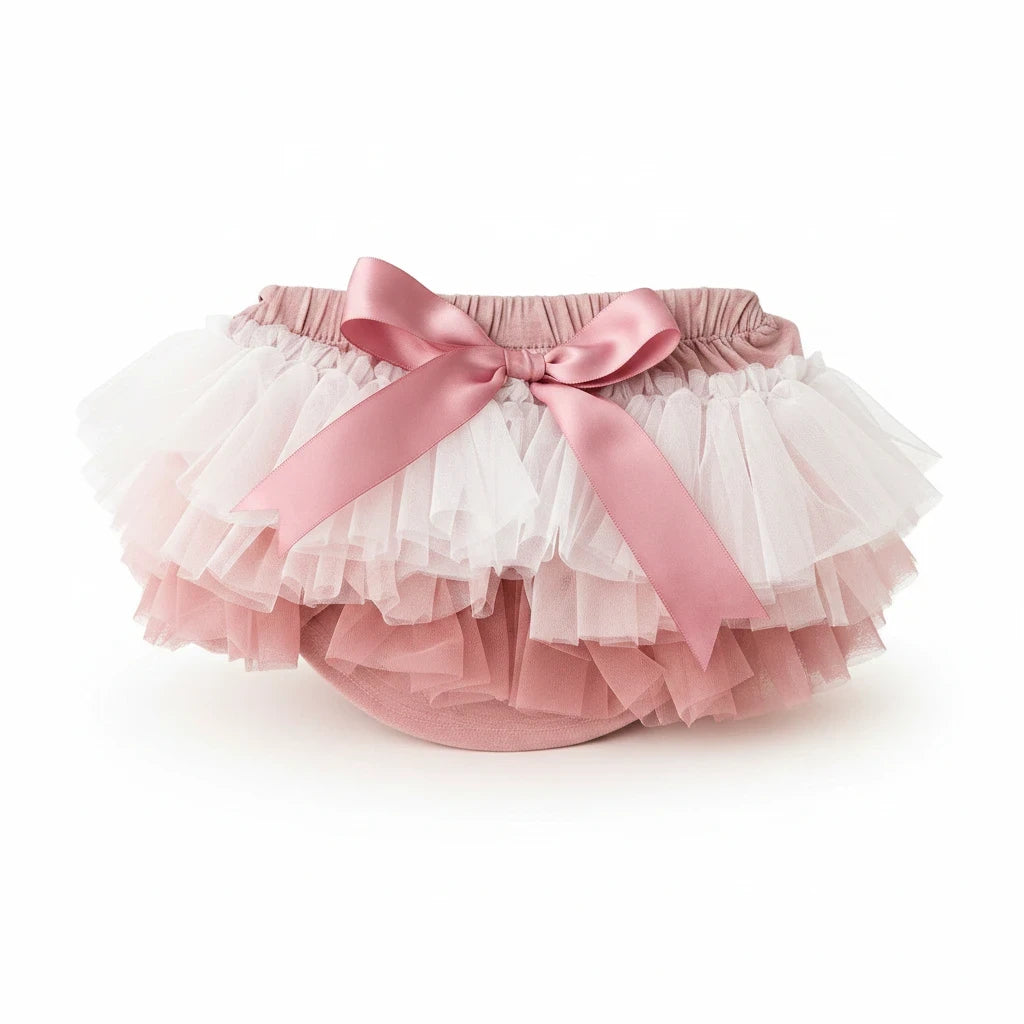 Sea Dragon Dreams vintage pink ombre ruffle tutu bloomer with a satin bow, perfect for baby photography and celebrations.