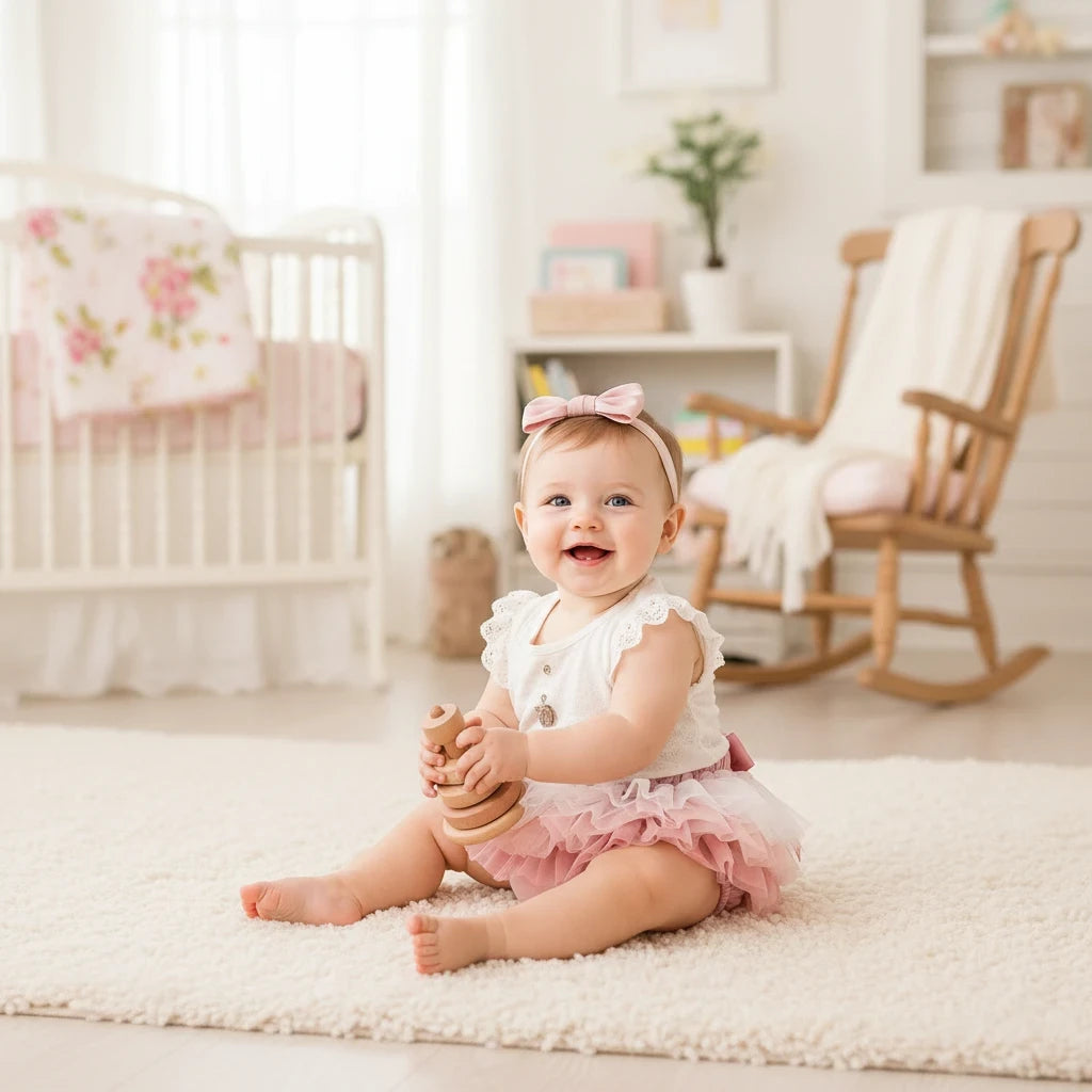 Sea Dragon Dreams baby girl wearing a vintage pink ombre ruffle tutu bloomer and matching headband in a nursery.