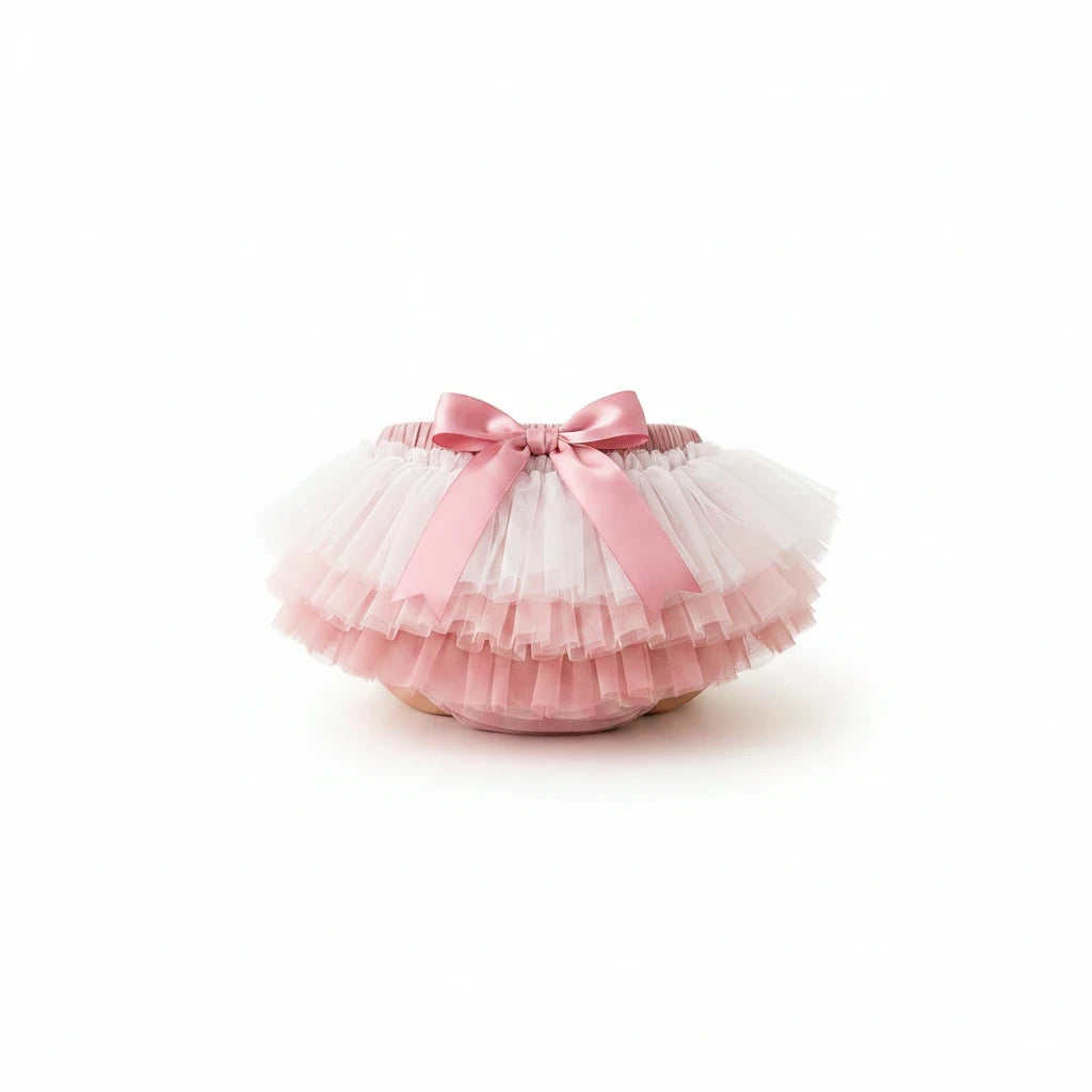 Sea Dragon Dreams vintage pink ombre ruffle tutu bloomer with a satin bow, perfect for baby milestone photography.