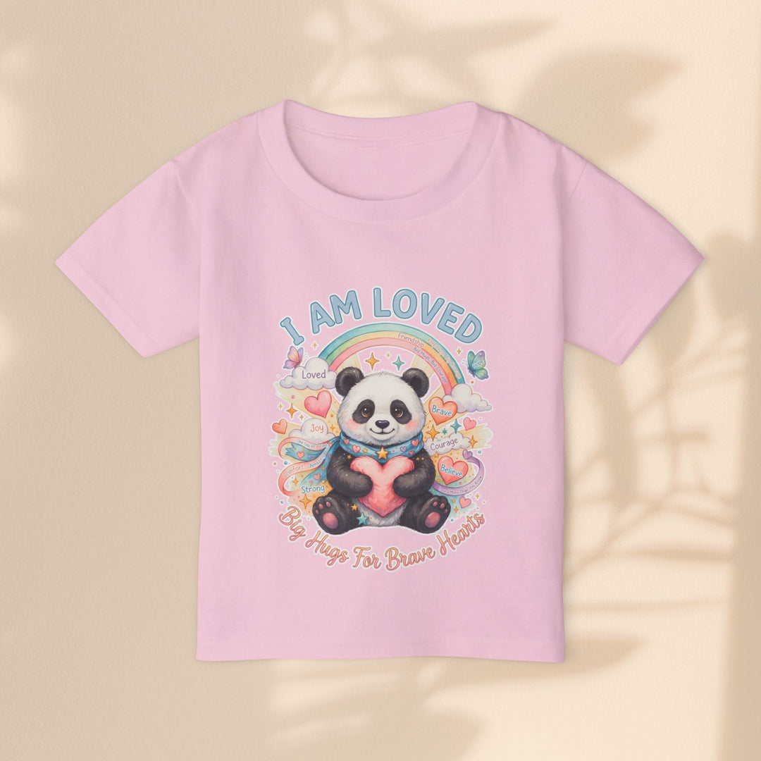 Sea Dragon Dreams pink toddler t-shirt featuring a cute panda, rainbow, heart, and I Am Loved text graphic.