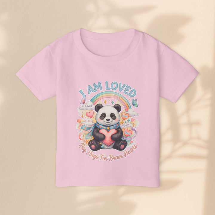 Sea Dragon Dreams pink toddler t-shirt featuring a cute panda, rainbow, heart, and I Am Loved text graphic.
