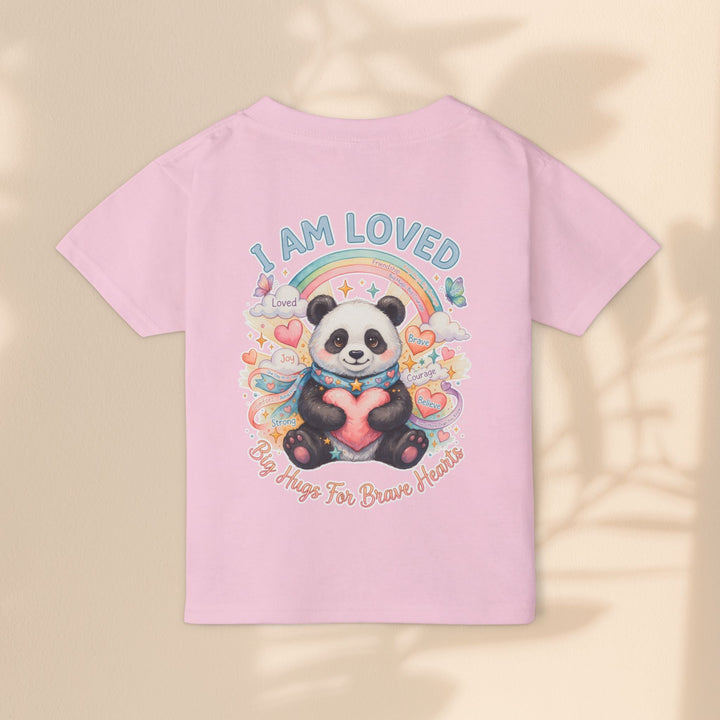 Sea Dragon Dreams pink cotton toddler t-shirt featuring a Huggie Panda graphic with a rainbow and I Am Loved text.