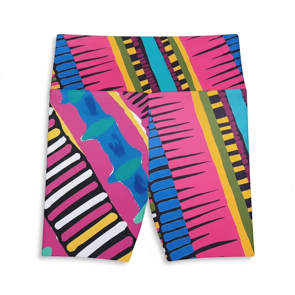 Sea Dragon Dreams pink party workout shorts with vibrant geometric patterns and moisture-wicking polyester fabric.
