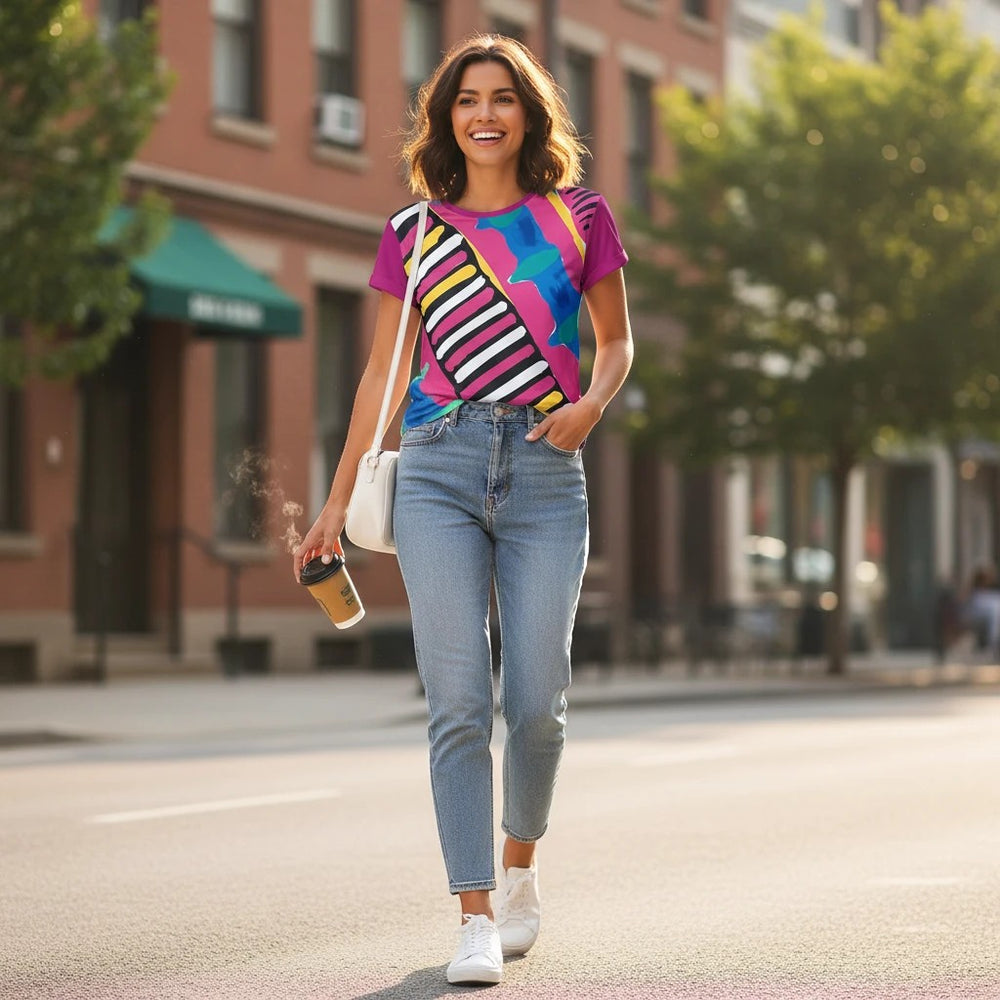 Sea Dragon Dreams woman wearing a pink party sports jersey with geometric patterns, blue jeans, and white sneakers.