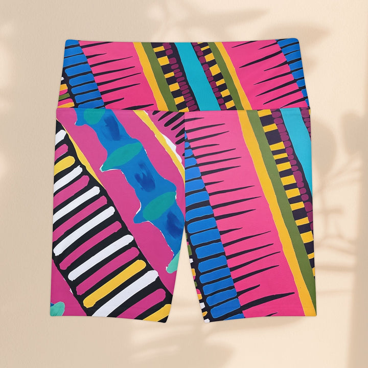 Sea Dragon Dreams Pink Party women's workout shorts with vibrant geometric patterns and moisture-wicking fabric.