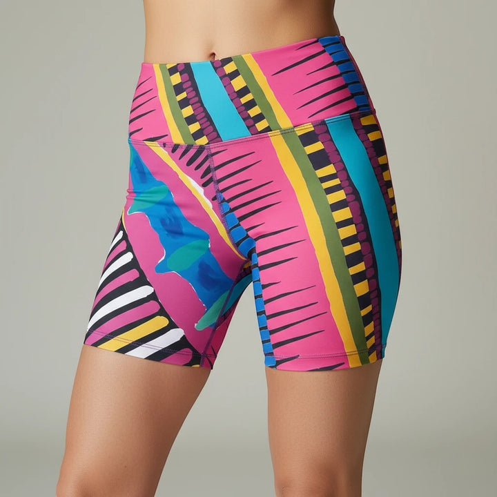 Sea Dragon Dreams women's pink party workout shorts with vibrant geometric patterns and moisture-wicking fabric.