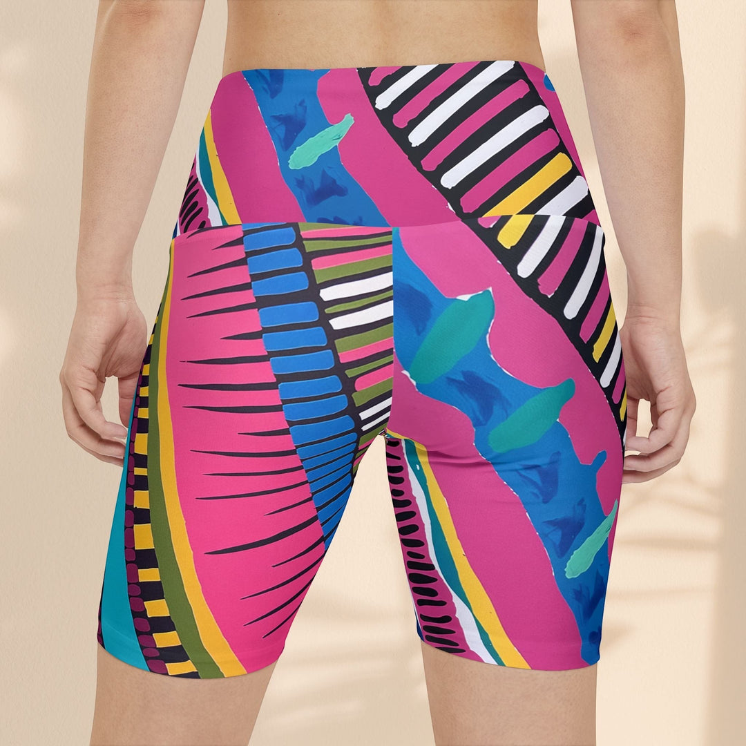 Sea Dragon Dreams pink party workout shorts with vibrant abstract patterns and moisture-wicking performance fabric.