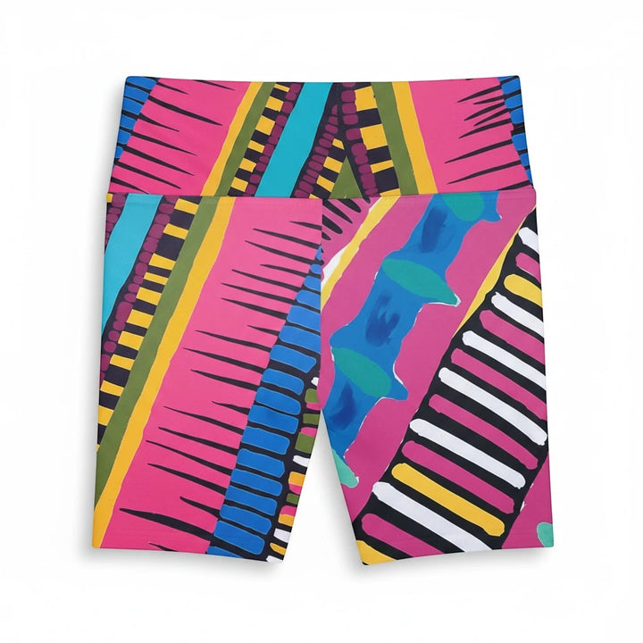 Sea Dragon Dreams Pink Party women's athletic shorts featuring a vibrant, colorful geometric print and moisture-wicking fabric.