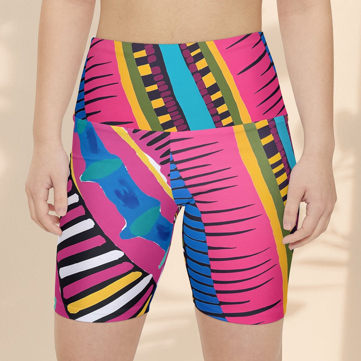 Sea Dragon Dreams Pink Party workout shorts featuring a vibrant, colorful abstract pattern on moisture-wicking fabric.